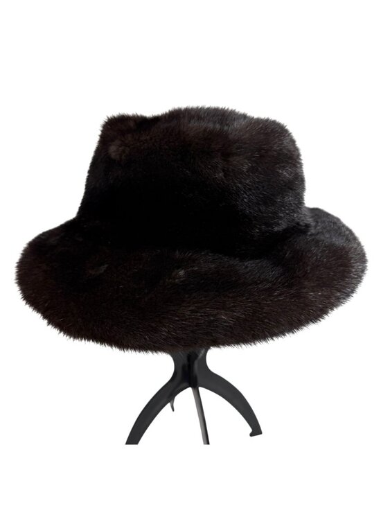 Luxury Vintage Black Genuine Mink Fur Bucket Cloche Hat Satin Lining